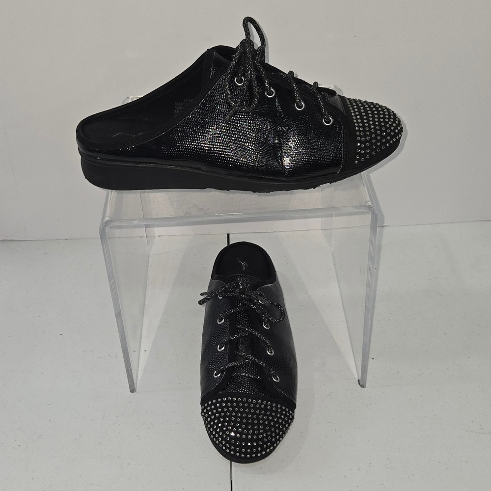 Joan Boyce Womens 8.5M Black Shimmer Rhinestone Cap Toe Lace Up Mule Sneakers